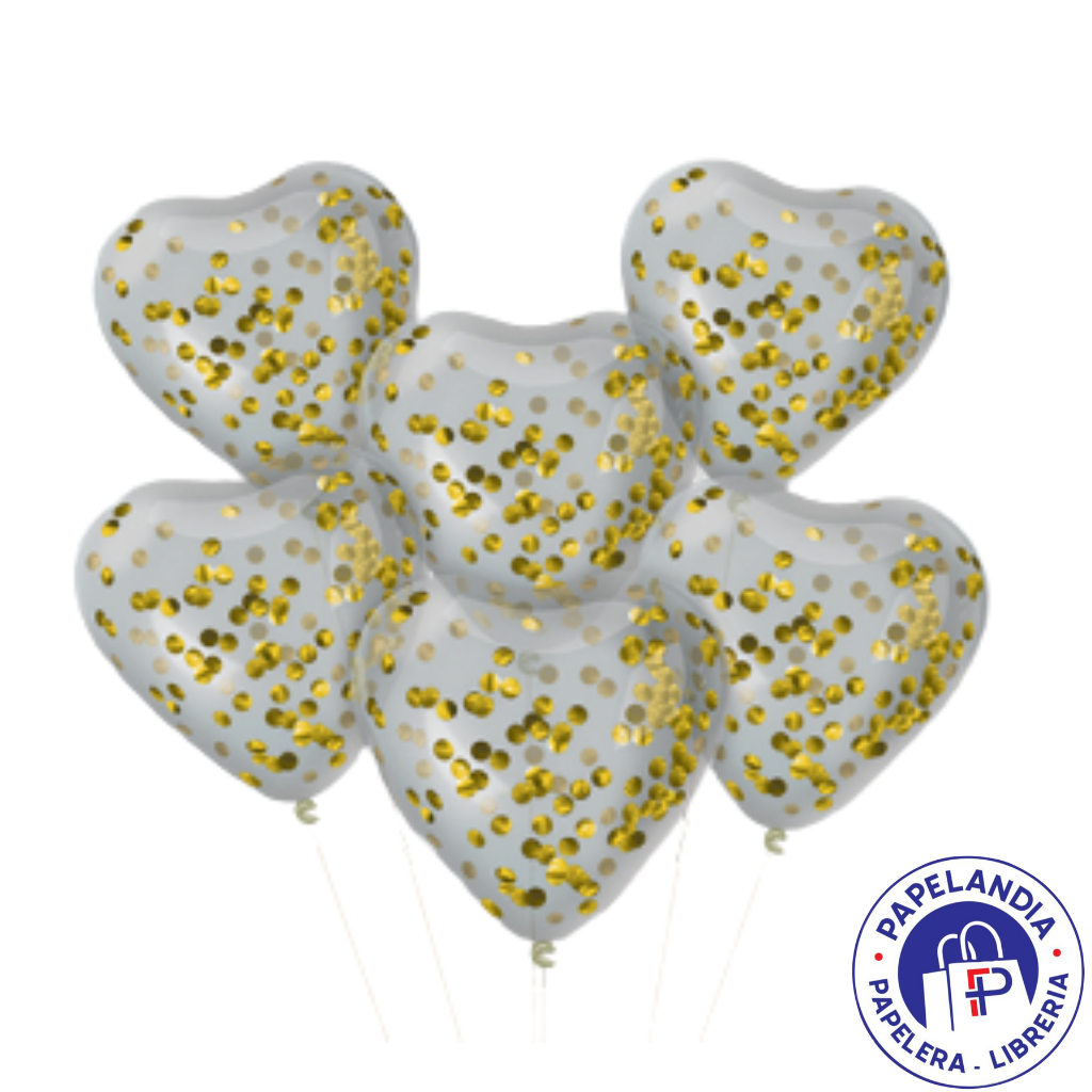KIT GLOBOS FORMAS GLOBOX CORAZON CRISTAL CON CONFETTI DORADO X6 (APTO HELIO)71682