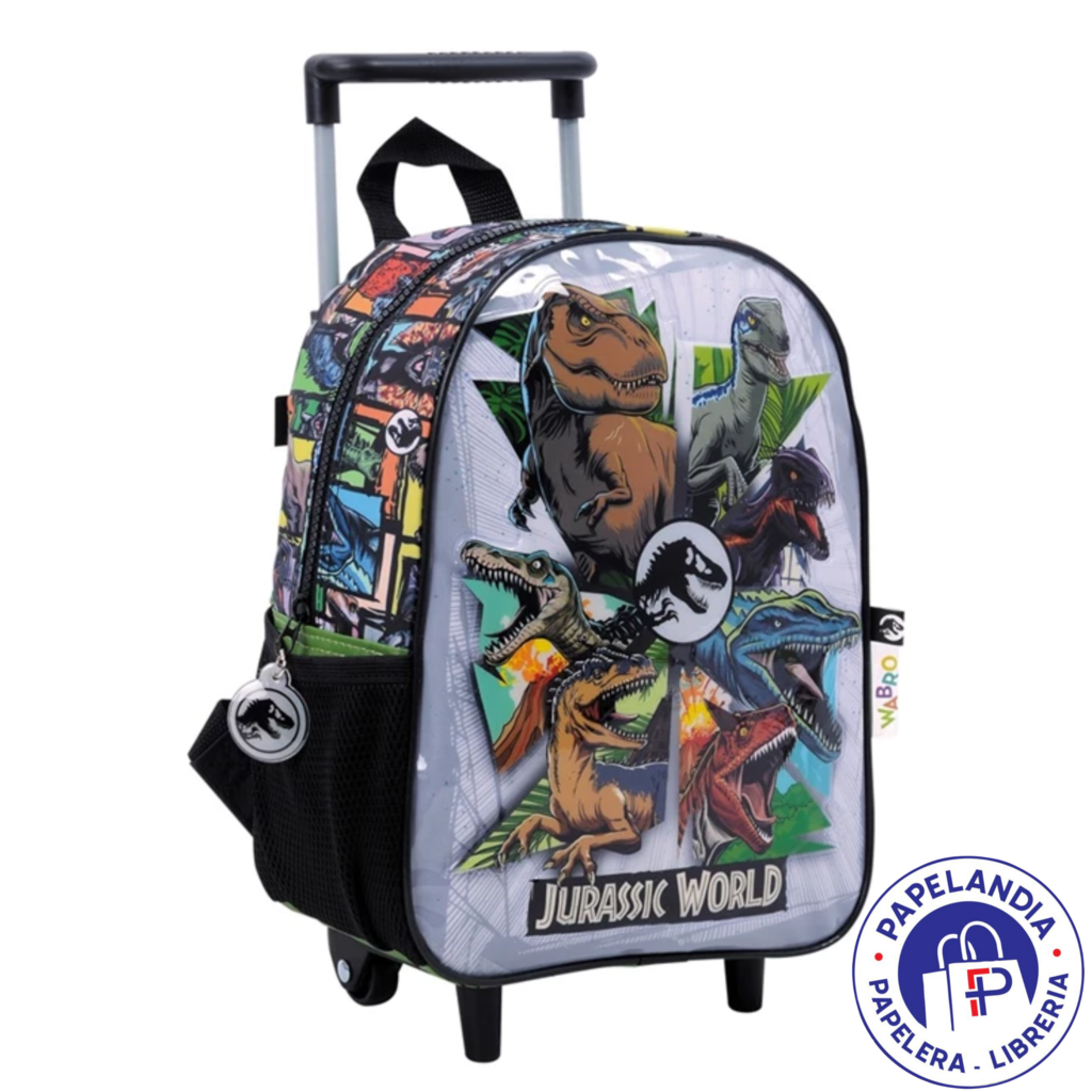 MOCHILA JURASSIC WORLD MULTI DINO ART 77115 CON RUEDAS 12" BOLSILLO NEGRO