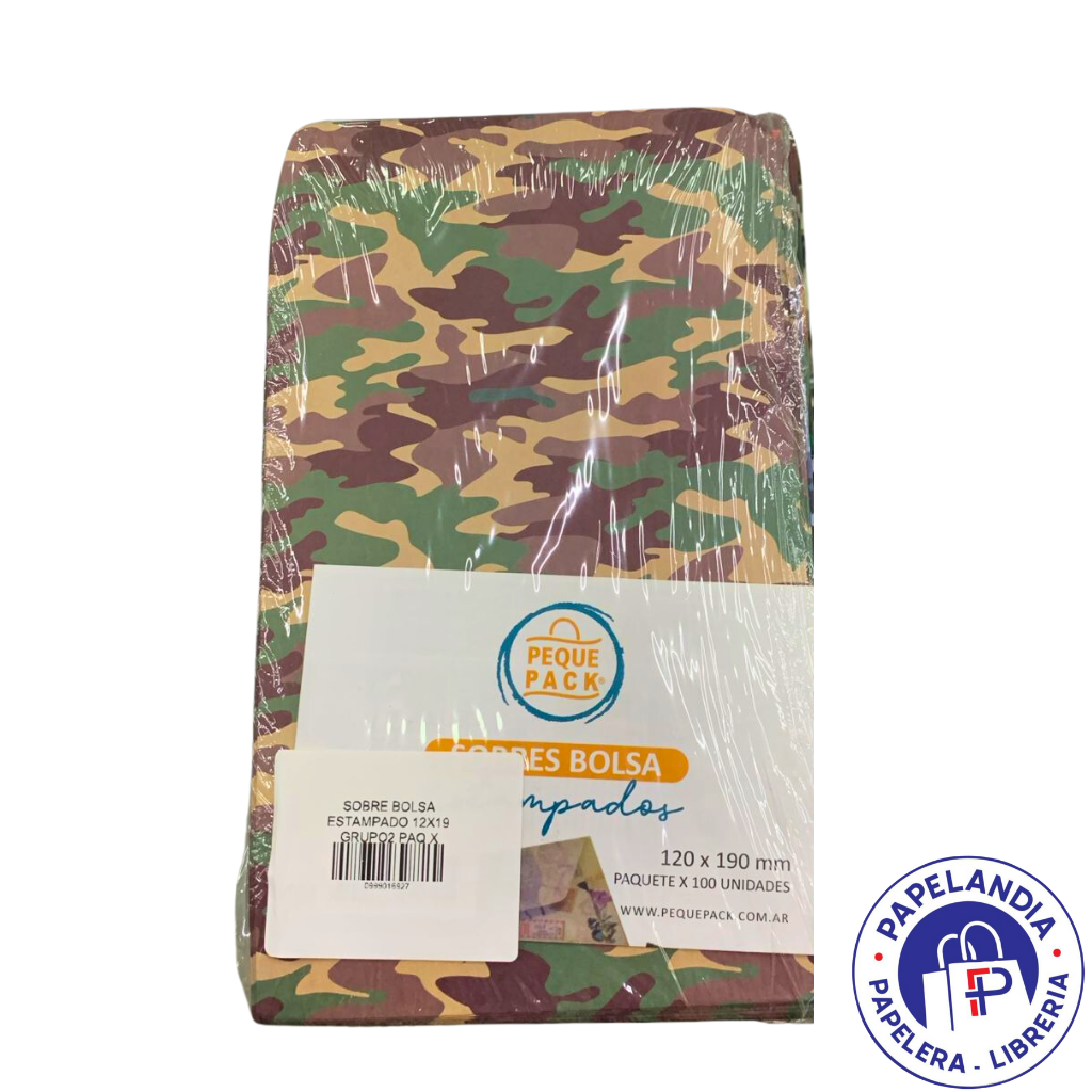 SOBRE BOLSA ESTAMPADO 12X19 (CAMUFLADO BIGOTES PELOTAS) PAQ X 100 (H1)
