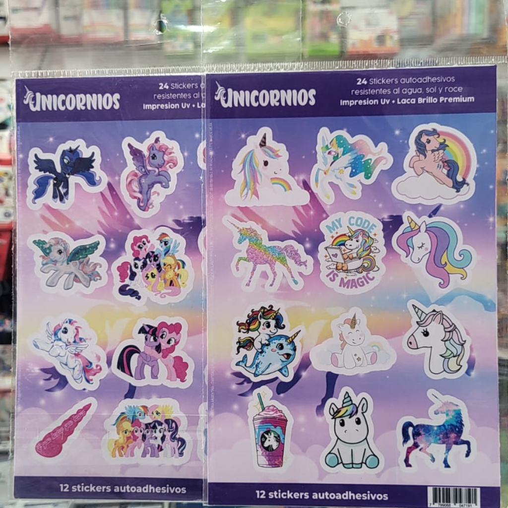 STICKERS CON RELIEVE UNICORNIOS - 2 PLANCHAS X 12 STICKERS 7799088047191