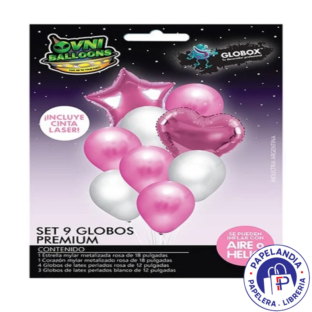 KIT GLOBOS DECO OVNI PREMIUM ESTRELLA/CORAZON ROSA X9 (APTO HELIO) 72218