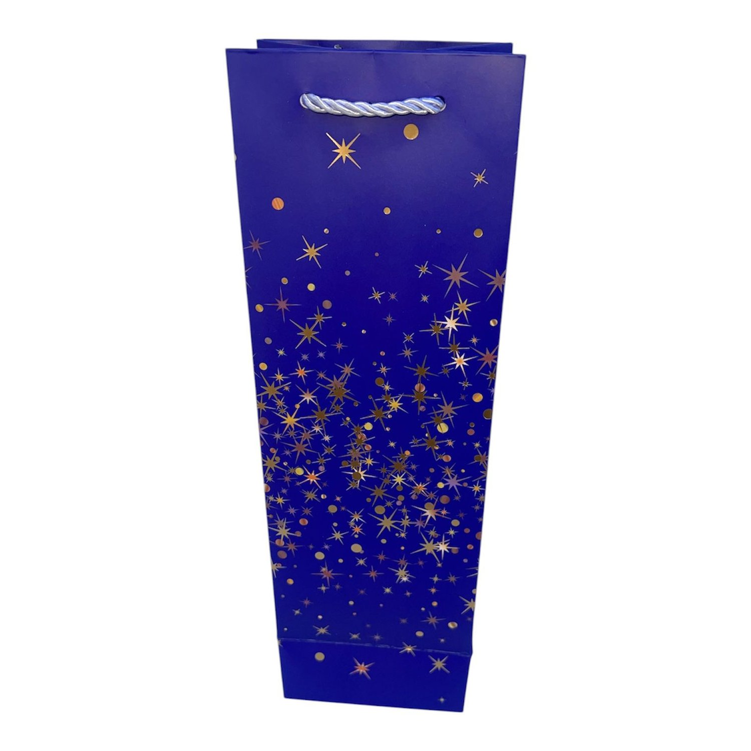 BOLSA BOTELLA AZUL ESTRELLITAS DORADA 35X11X9CM PACK X12 UNID.