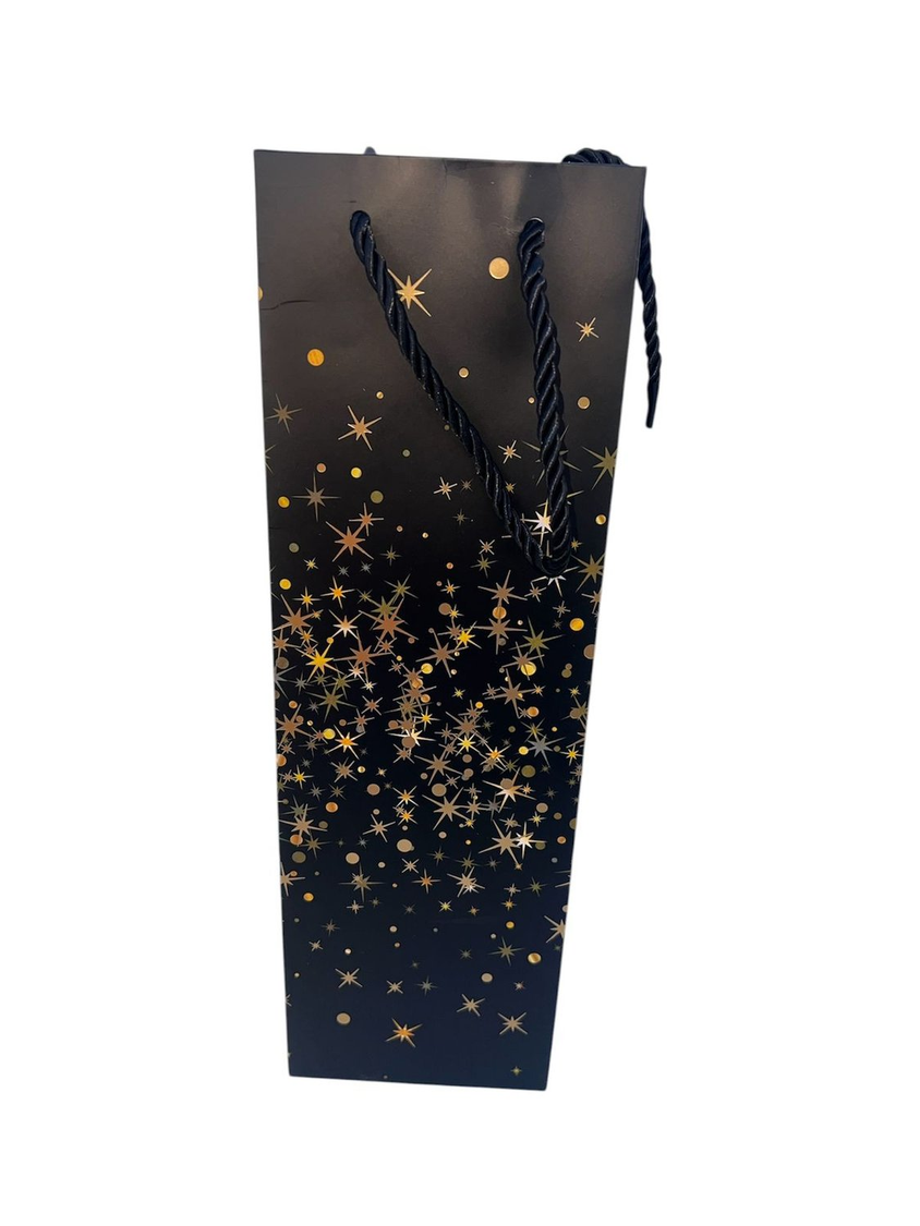 BOLSA BOTELLA NEGRA ESTRELLITAS DORADA 35X11X9CM PACK X12 UNID.