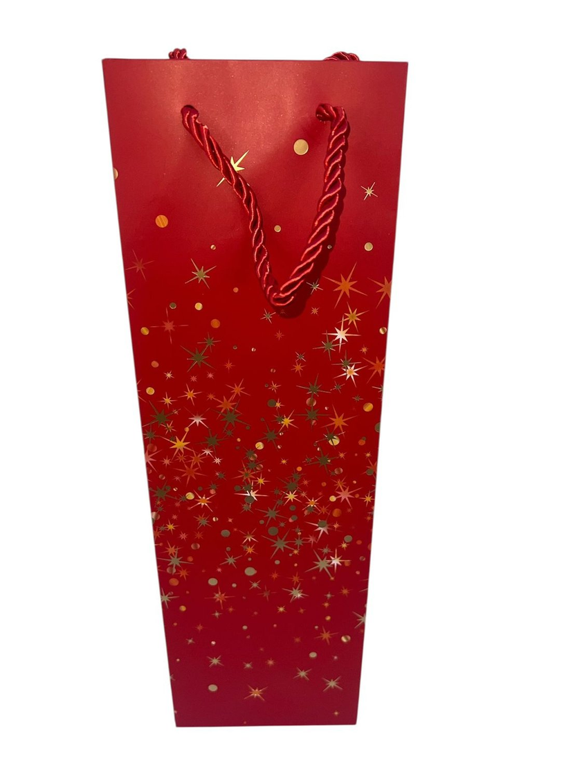 BOLSA BOTELLA ROJO ESTRELLITAS DORADA 35X11X9CM PACK X12 UNID.