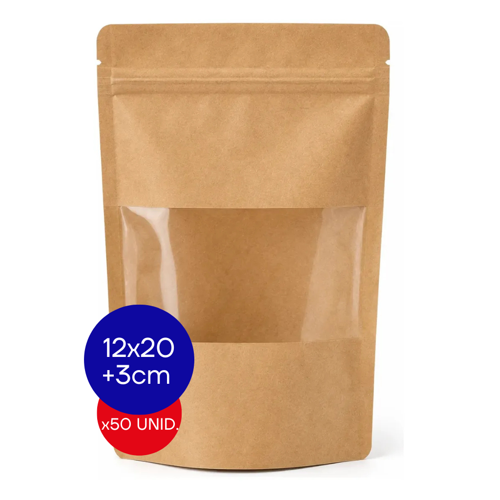 BOLSA DOYPACK KRAFT VENTANA TRANSPARENTE PACK X50 UNID 12X20 + 3CM