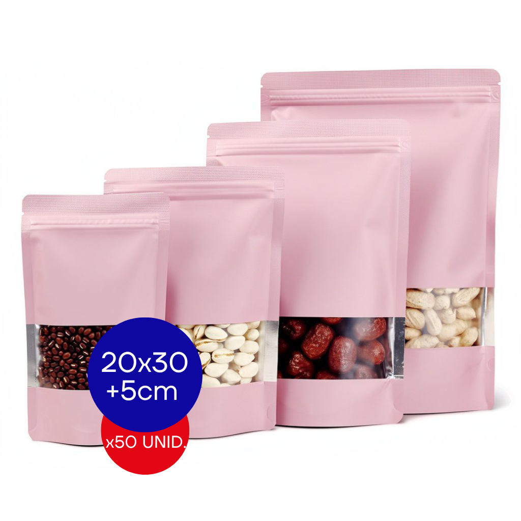 BOLSA DOYPACK ROSA VENTANA TRANSPARENTE PACK X50 UNID 20X30CM + 5CM