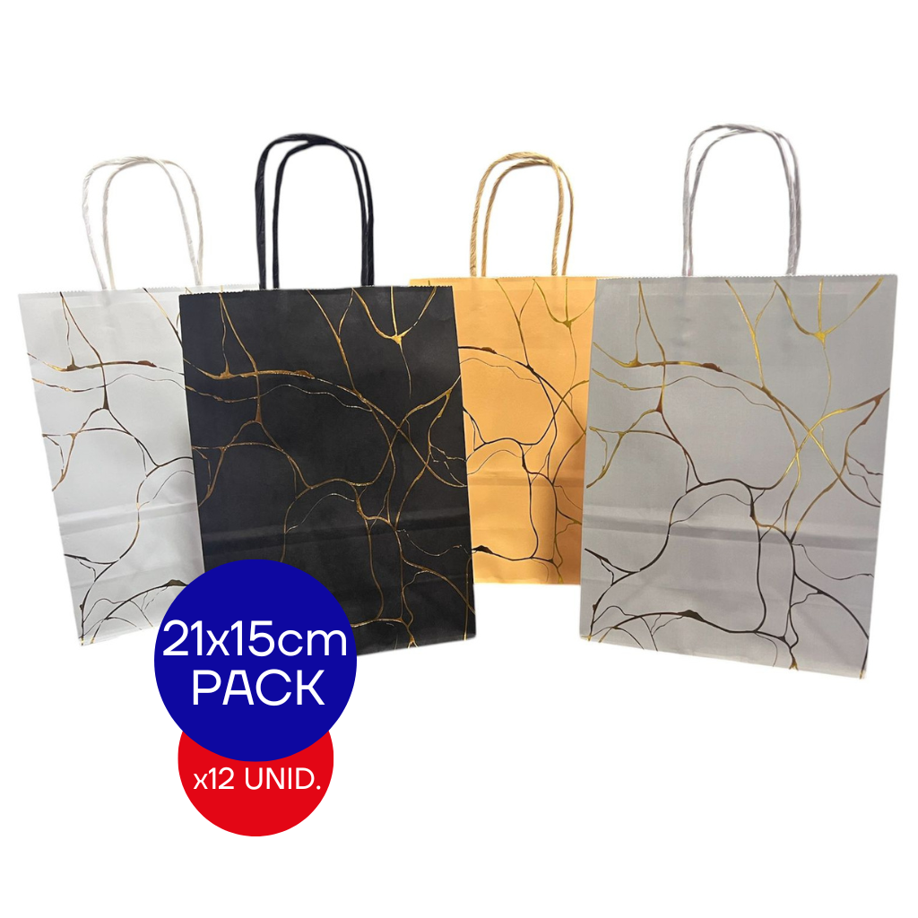 BOLSA ESTAMPADAS EN DORADO 21X15CM PACK X12 UNID.