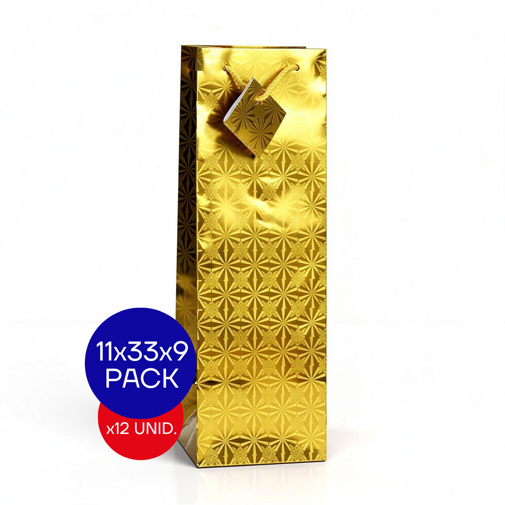 BOLSA HOLOGRAFICA BOTELLA (11X33X9) DORADO PAQ X12 UNID.