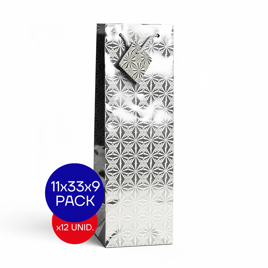 BOLSA HOLOGRAFICA BOTELLA (11X33X9) PLATEADO PAQ X12 UNID.