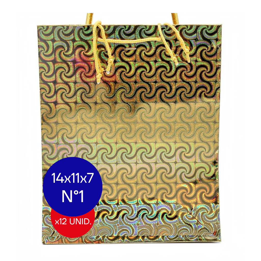 BOLSA HOLOGRAFICA NRO 1 (14x11x7CM) DORADO PAQ X12 UNID.