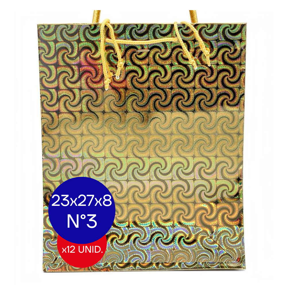 BOLSA HOLOGRAFICA NRO 3 (23X27X8CM) DORADO PAQ X12 UNID.