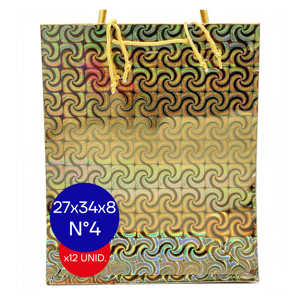 BOLSA HOLOGRAFICA NRO 4 (27X34X8CM) DORADO PAQ X12 UNID.