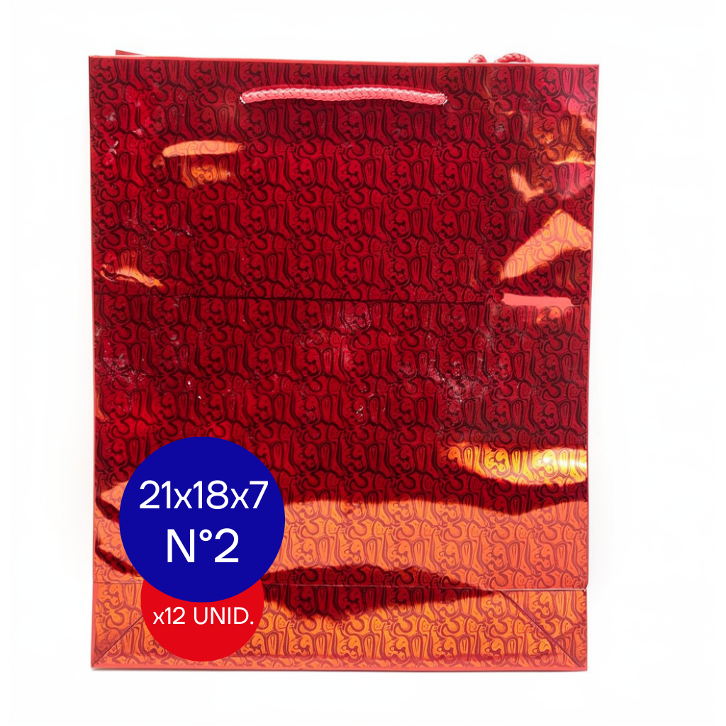 BOLSA HOLOGRAFICA NRO 2 (21x18x7CM) ROJO PAQ X12 UNID.