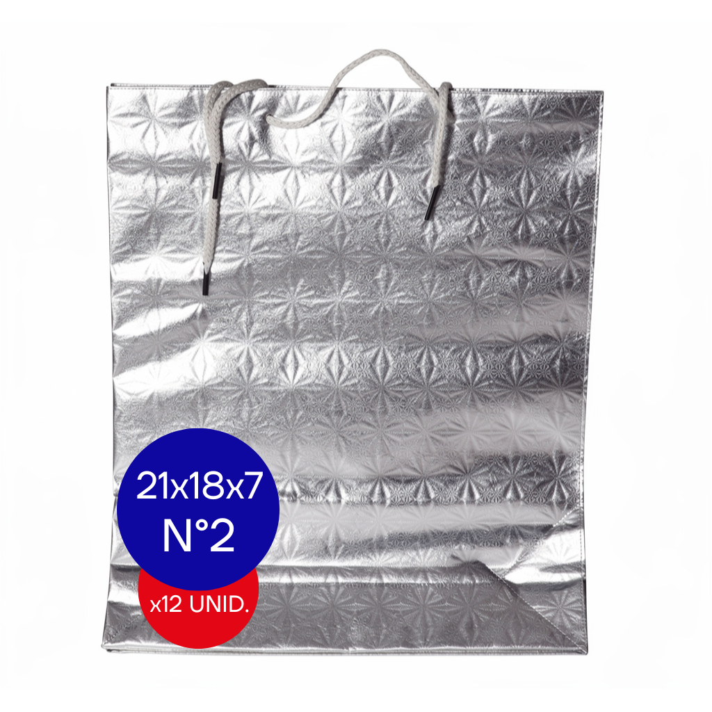 BOLSA HOLOGRAFICA NRO 2 (21x18x7CM) PLATEADO PAQ X12 UNID.