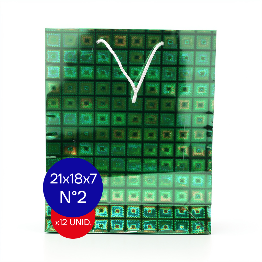 BOLSA HOLOGRAFICA NRO 2 (21x18x7CM) VERDE PAQ X12 UNID.