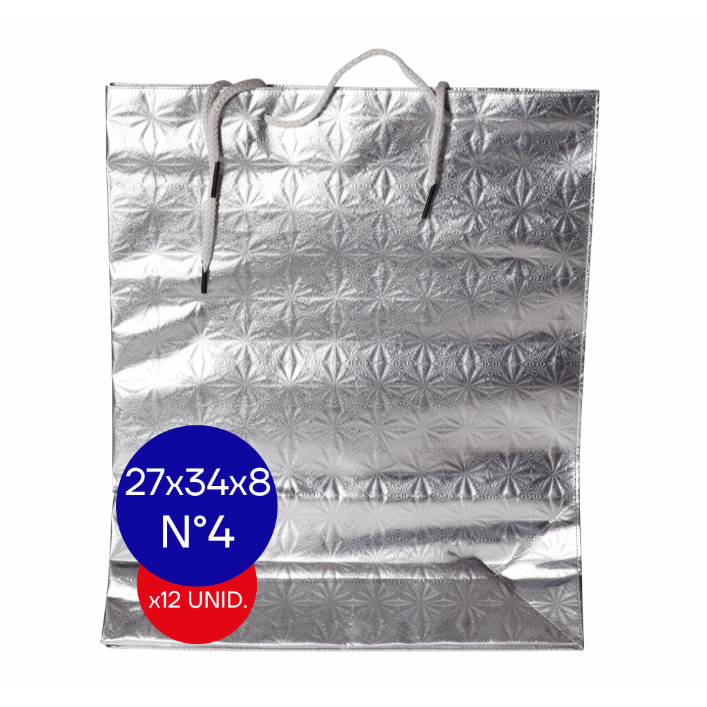 BOLSA HOLOGRAFICA NRO 4 (27X34X8CM) PLATEADO PAQ X12 UNID.