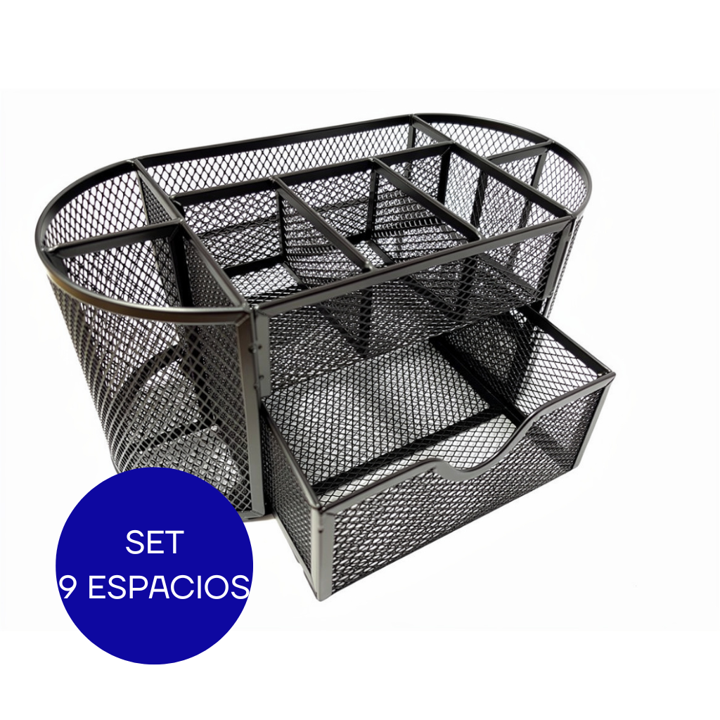 SET ORGANIZADOR DE ESCRITORIO MALLA METALICA 9 CAVIDADES BAK-1108BK