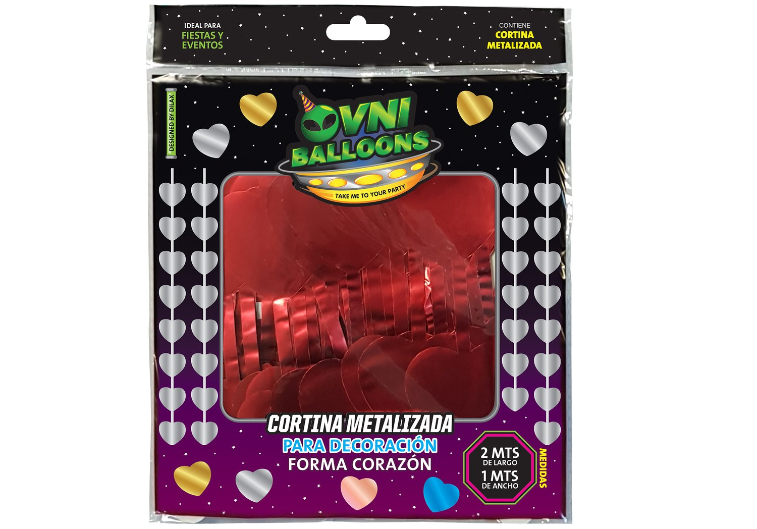 CORTINA OVNI CUADRADITOS HOLOGRAFICA ( 2.00 X1.00 MTS ) X1UNI CORAZONES ROJOS 72508
