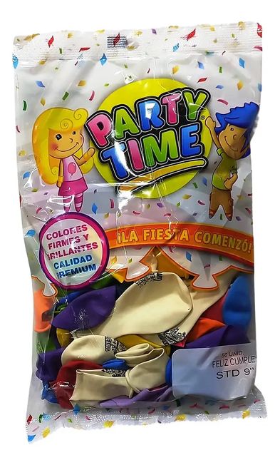 GLOBO MULTICOLOR FELIZ CUMPLE 9" PARTY TIME X 50 UNID.