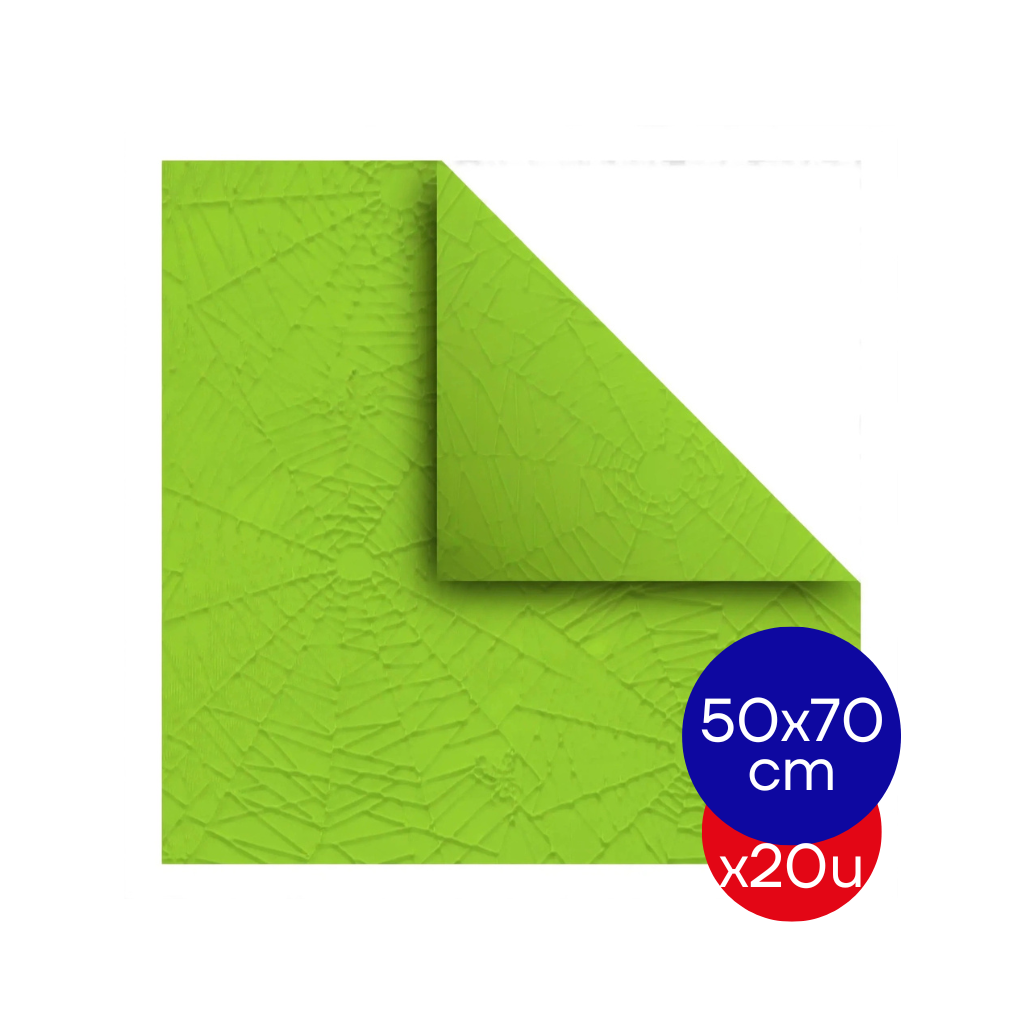 PAPEL PLASTIFICADO ARAÑA 50X70CM VERDE MANZANA PAQ X20 UNID.
