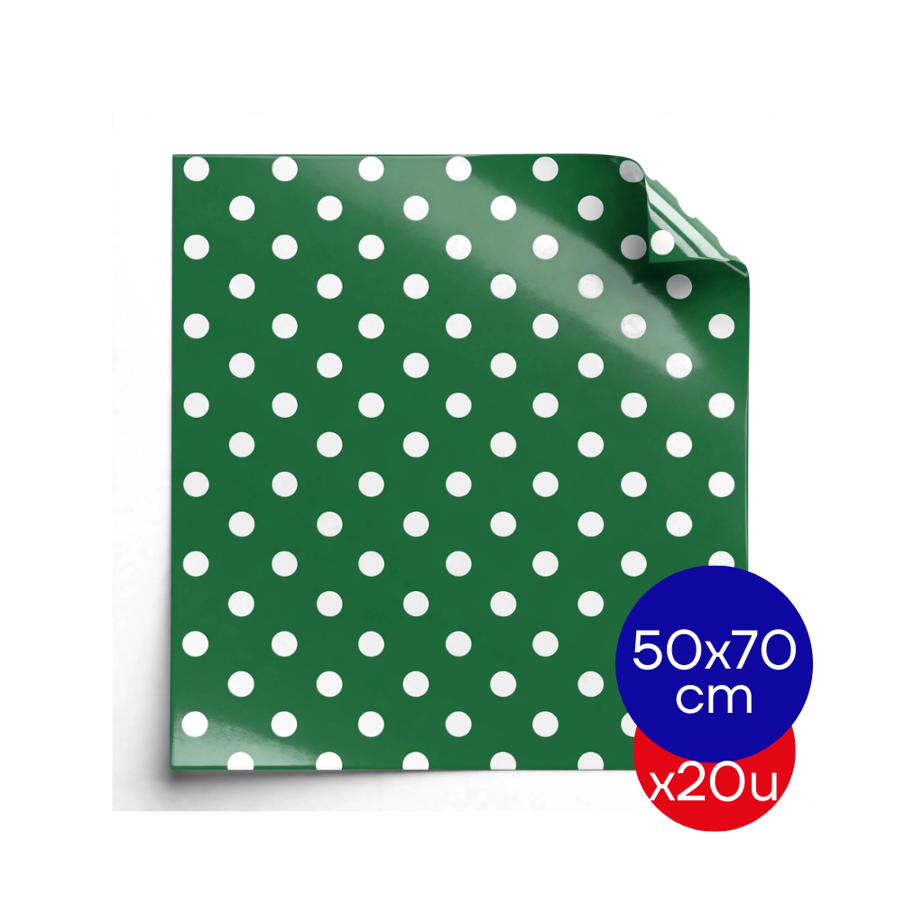 PAPEL PLASTIFICADO LUNAR 50X70CM VERDE MANZANA PAQ X20 UNID.