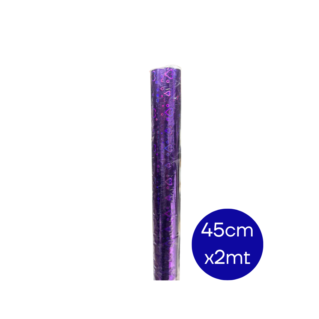 PAPEL CONTACT ADHESIVO HOLOGRAFICO (ROLLO 45CM X 2MTS ) VIOLETA CORAZON