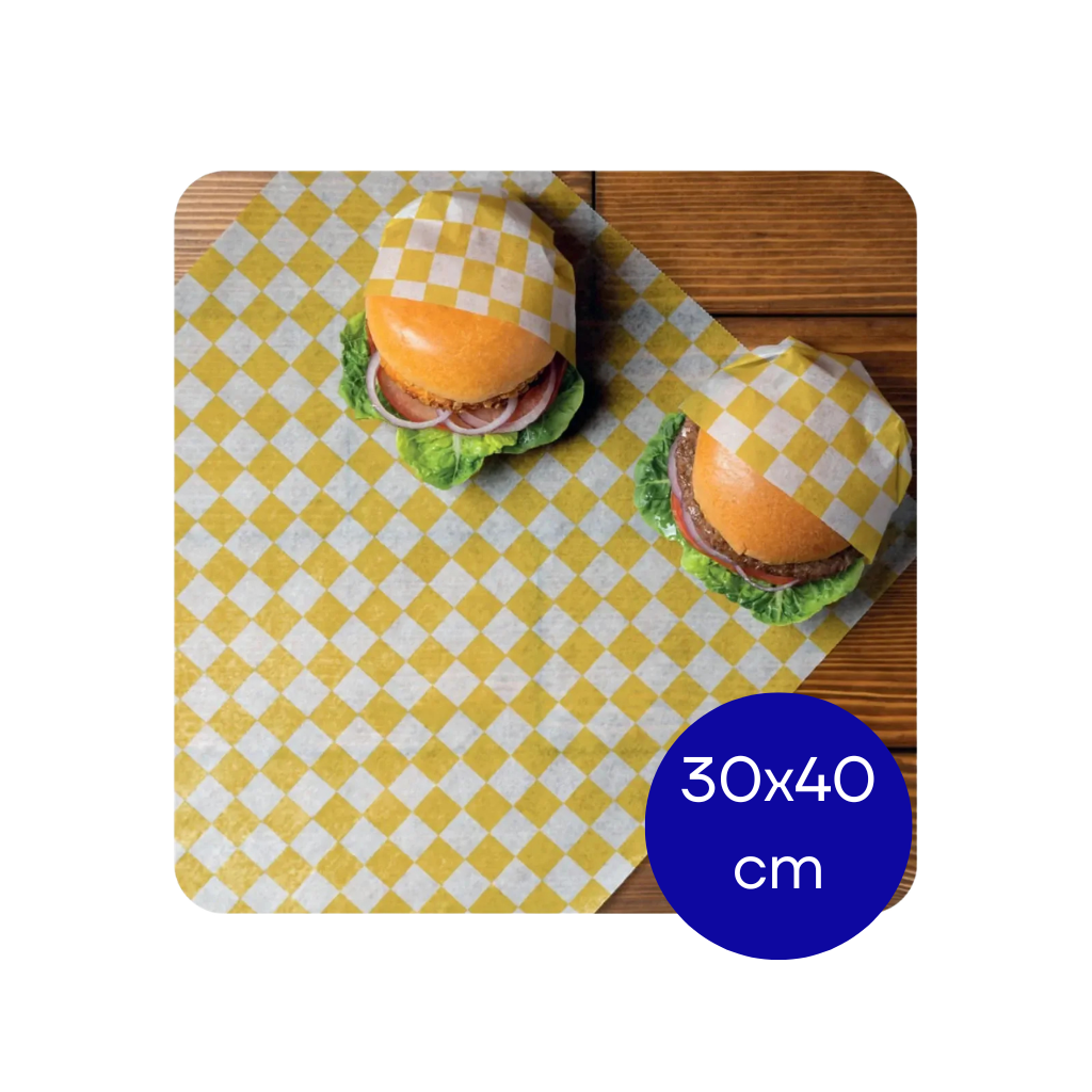 PAPEL HAMBURGUESA IMPR CUADROS AMARILLOS CARRERA PAQ X 1000 UNID. 30X40CM