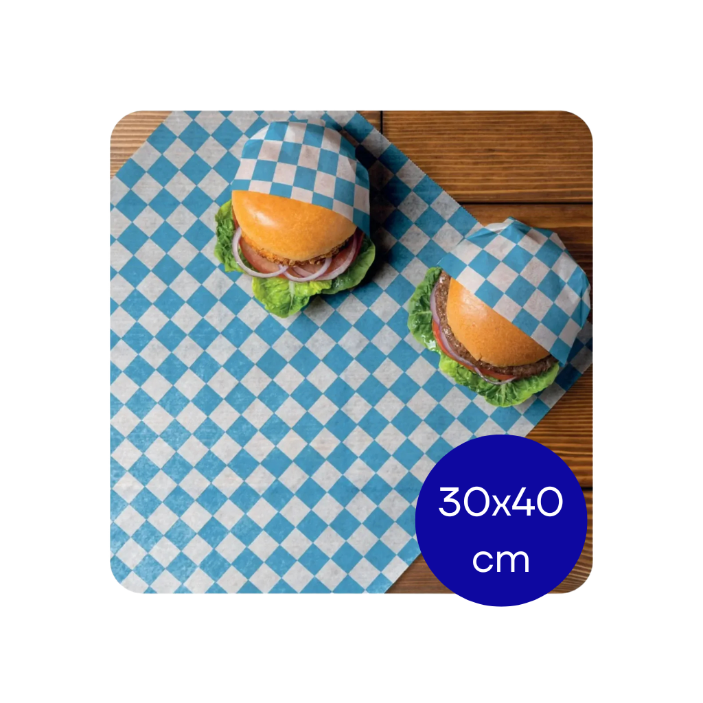 PAPEL HAMBURGUESA IMPR CUADROS CELESTE CARRERA PAQ X 1000 UNID.