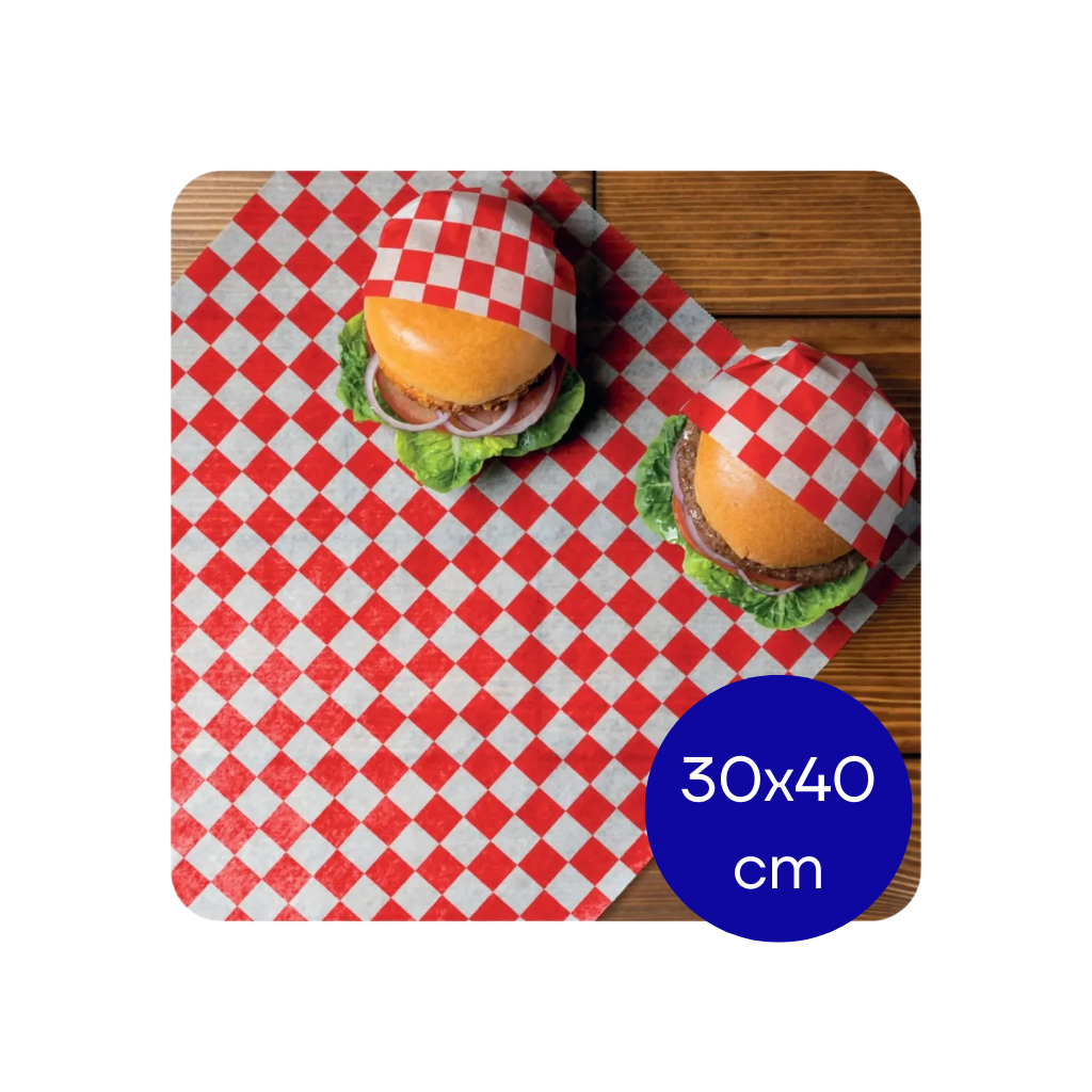 PAPEL HAMBURGUESA IMPR CUADROS ROJO CARRERA PAQ X 1000 UNID. 30X40 CM