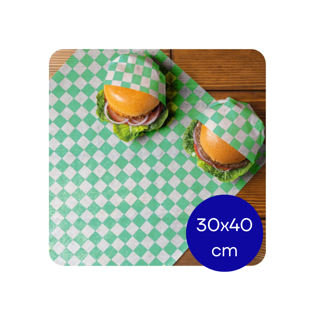PAPEL HAMBURGUESA IMPR CUADROS VERDE CARRERA PAQ X 1000 UNID. 30X40CM