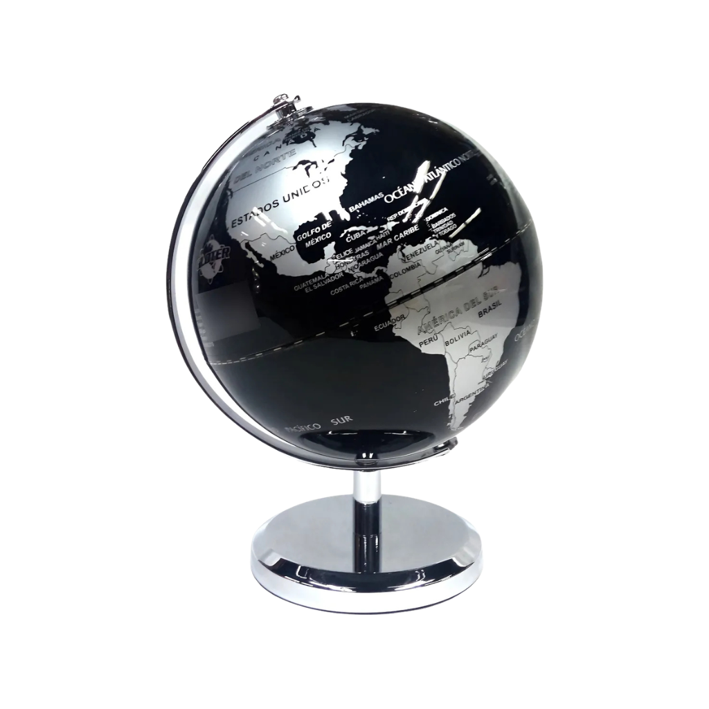 GLOBO TERRAQUEO 14CM 140M BASE Y MERIDIANO METALICO NEGRO Y PLATA