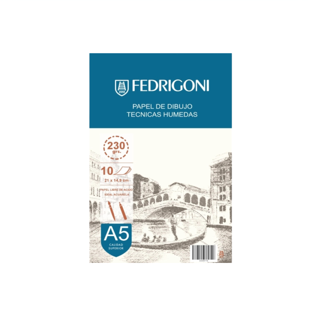 BLOCK PAPEL ACUARELABLE 230GRS A5 X 10HS FEDRIGONI TECNICAS HUMEDAS 640976