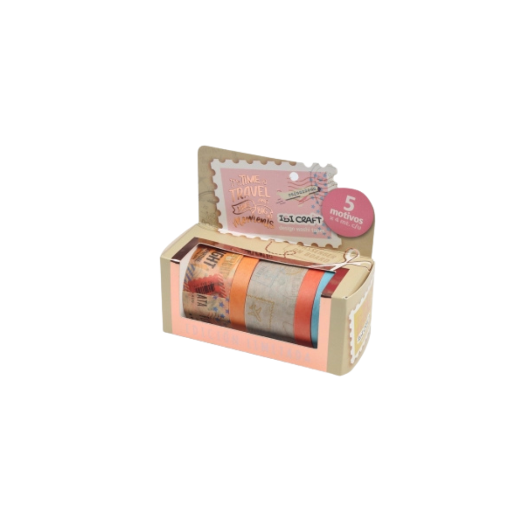 CINTA WASHI TAPE BOX 5 ROLLOS DE 4MTS COLECCION TRAVEL 055776