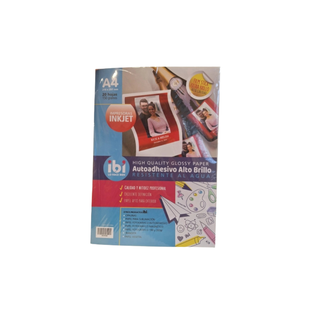 FILM GLOSSY BLANCO AUTOADHESIVO 150GRS A4 RESIST. AL AGUA IBI 615165 PAQ X 20 HJS