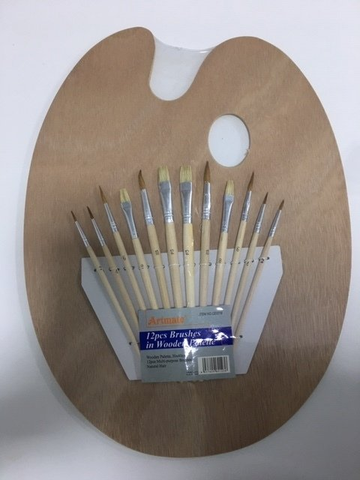Paleta Oval Madera Con Set De Pinceles X 12