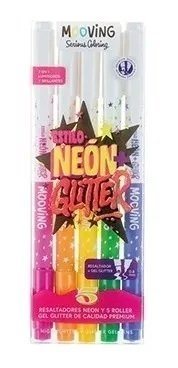 Marcador Coloring Mooving Resaltador Y Roller Glitter X 5