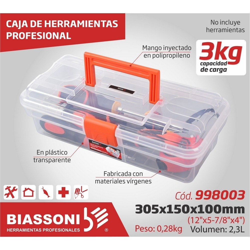 Caja Para Herramientas Biassoni Profesional Transparente - 12" - 305 X 150 X 100 Mm