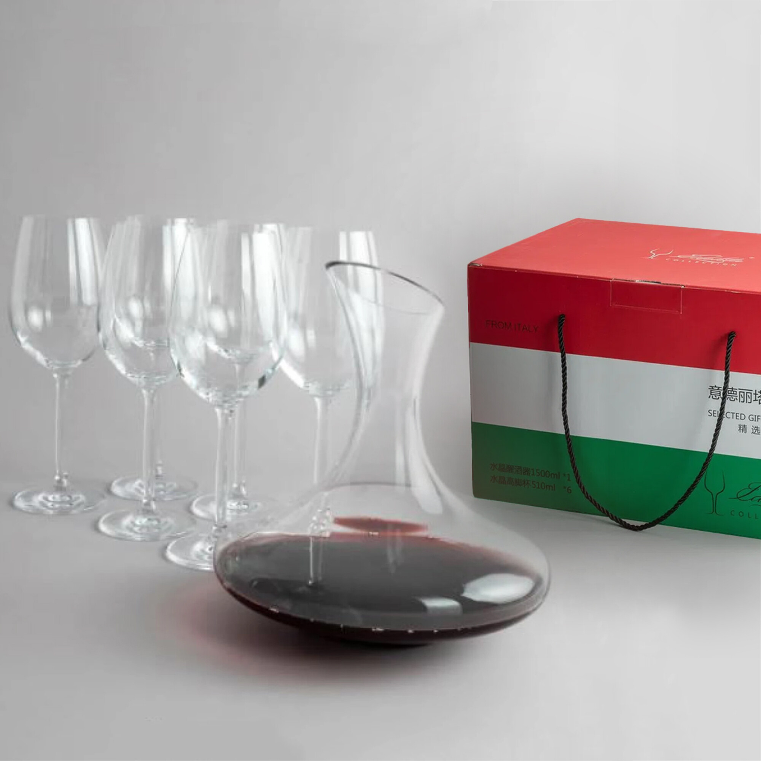Set Decanter de Vidrio + 6 Copas de Cristal + Caja regalo Edelita