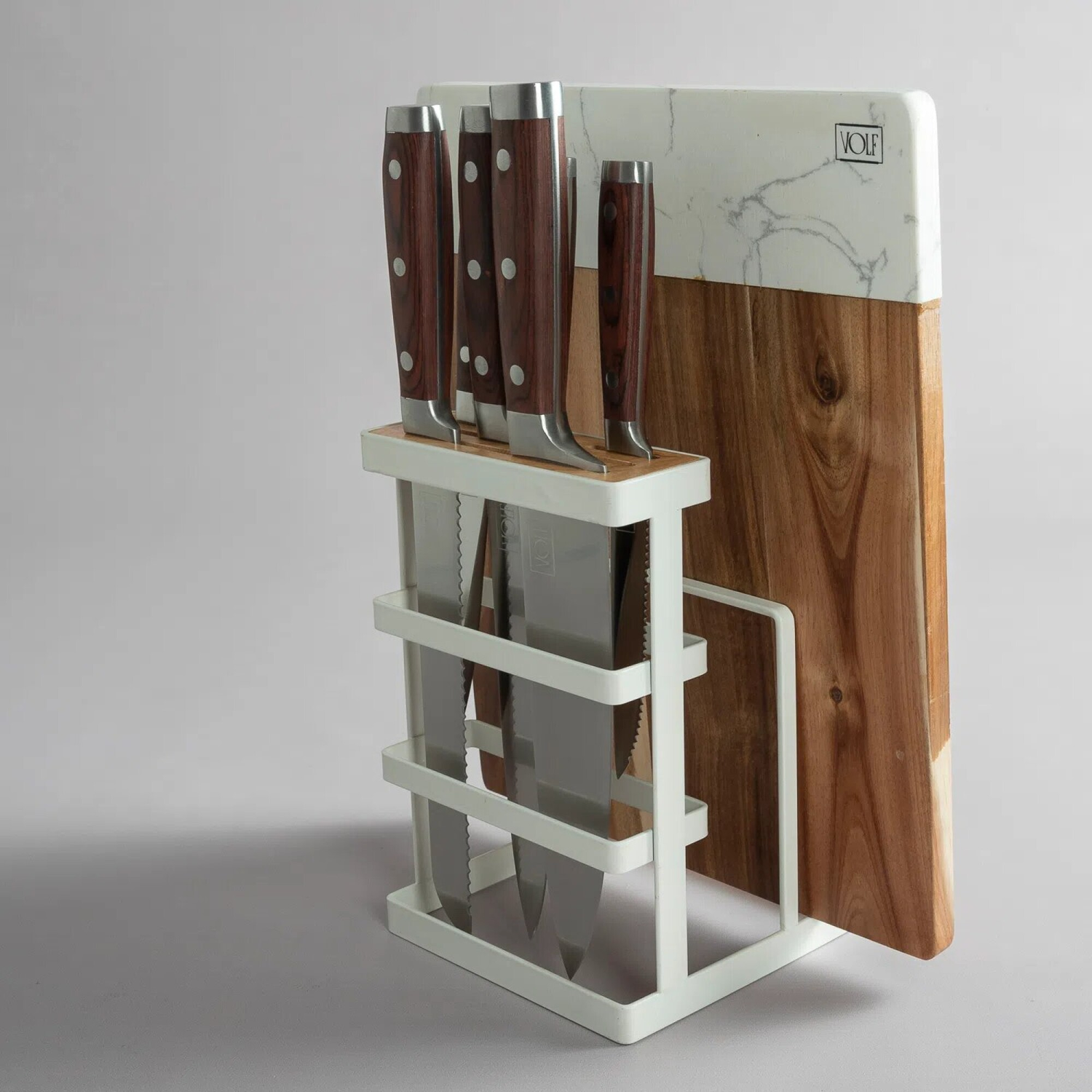 Juego de 6 Cuchillos profesionales color madera, con soporte blanco y tabla de madera y mármol - Volf