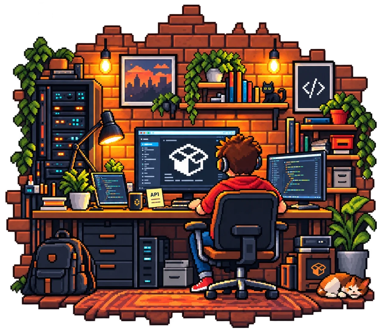 Ilustración pixel art de un desarrollador integrando la API de VentasxMayor: dos monitores con código y el logo de la caja, servidor con luces, plantas y un gato dormido